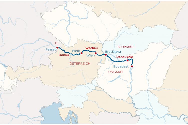 Dunai hajóút: Budapest - Passau útvonal térkép